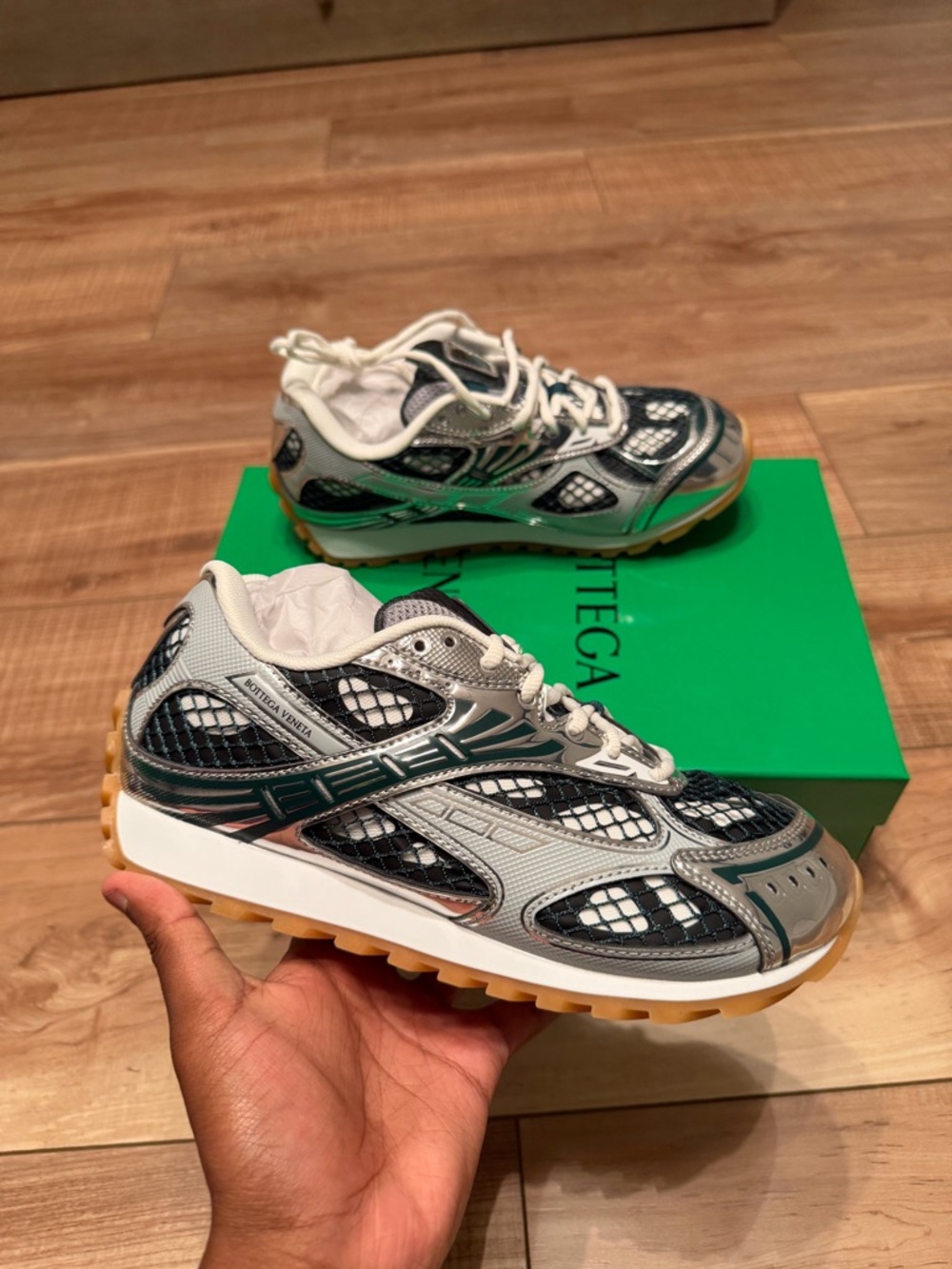 Bottega Veneta Black, Grey & White Mesh Runner Sneakers